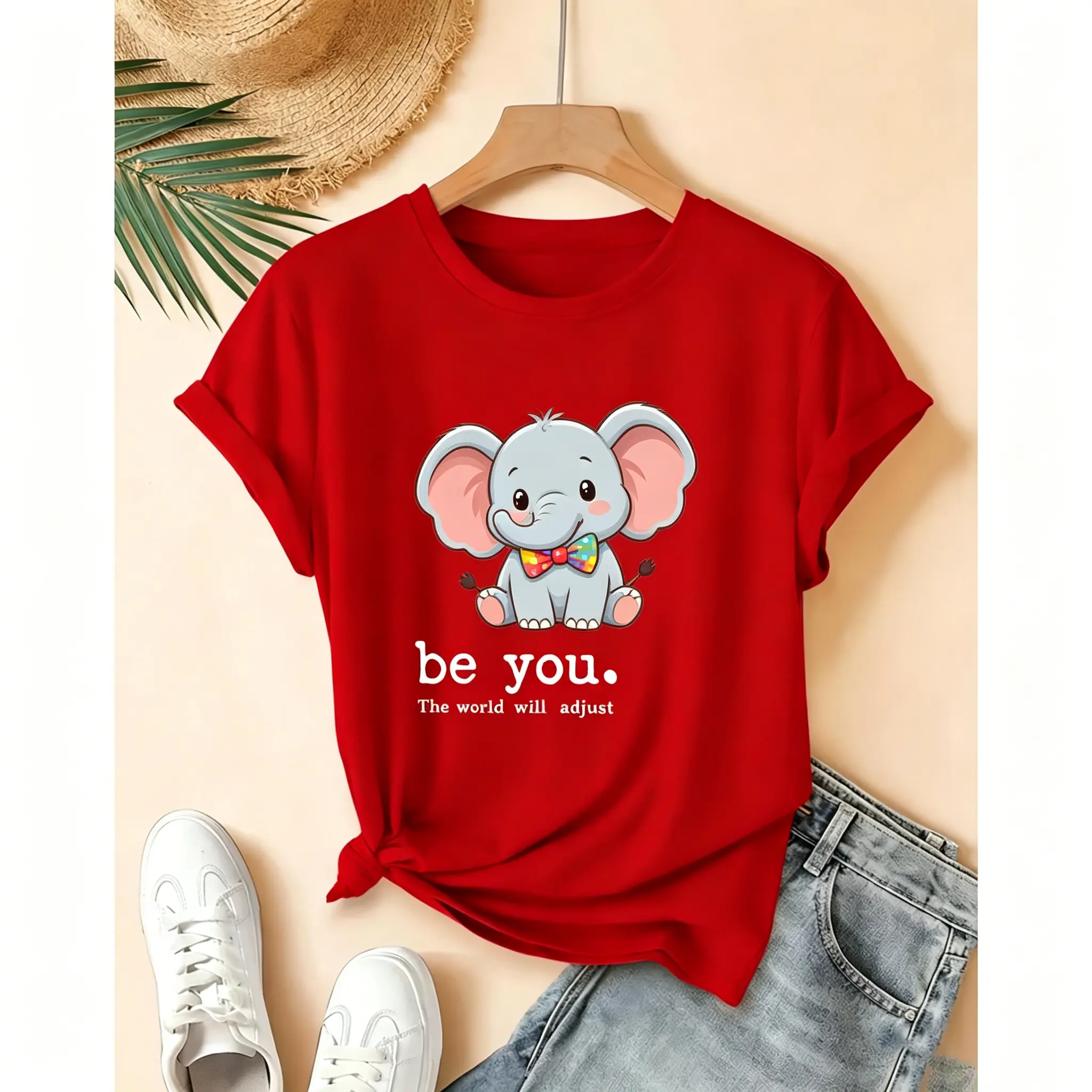 Women's Unisex Oversized Cute Elephant-with-Bow-Tie Printed Short-Sleeve Cotton T-Shirt - Soft Drop-Shoulder Streetwear Top, Be You Inspirational Tee, Juneteenth 2026 Flag Anniversary, Independence Day Back-to-School Casual Animal Top