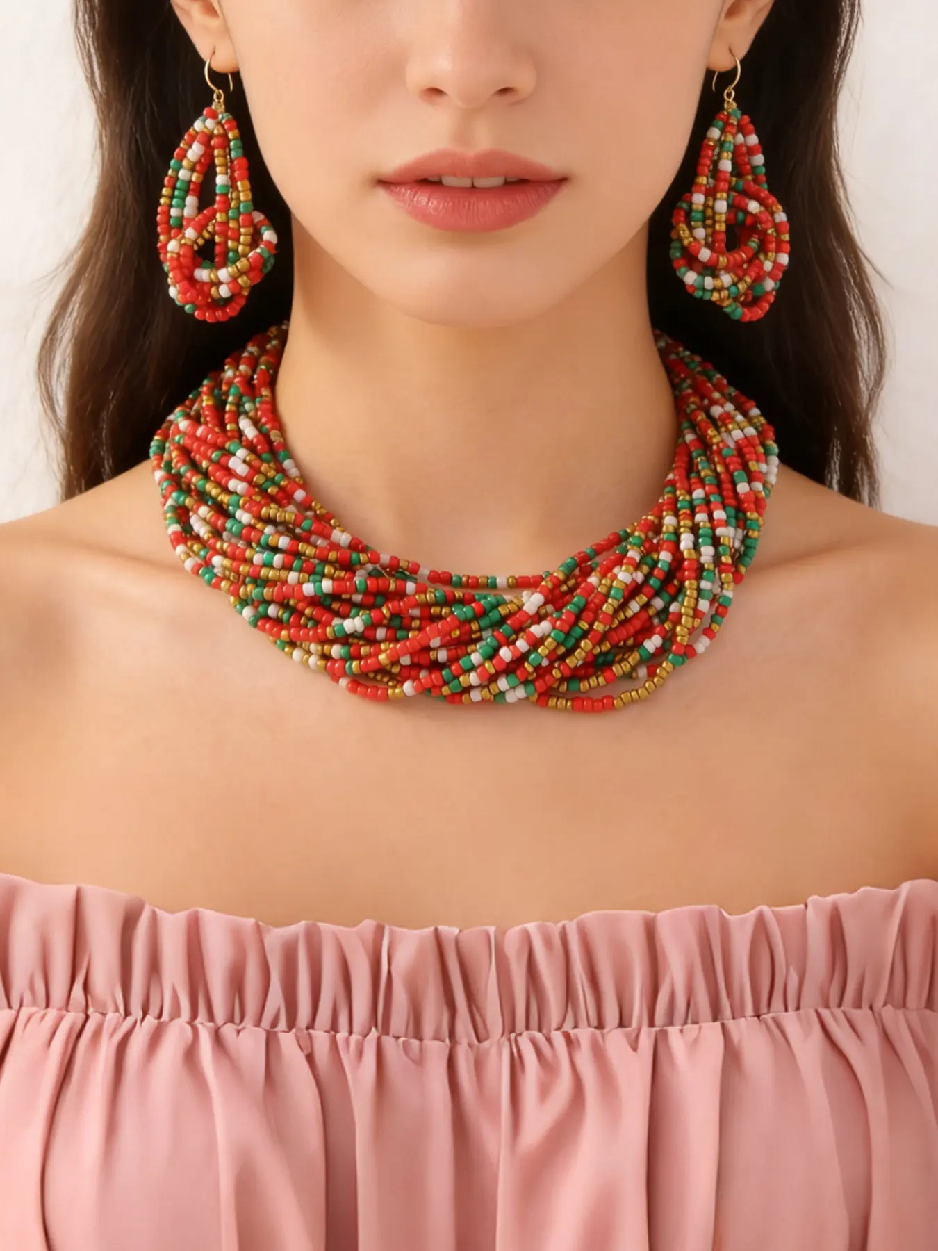 Boho Christmas Color Mix Vintage Multi-Layer Beaded Necklace Earrings Set, Women's Jewelry, Retro Style, Fashion Accessory, Fashionable Jewelry Set, Trendy Jewelry Set, Layered Jewelry Set