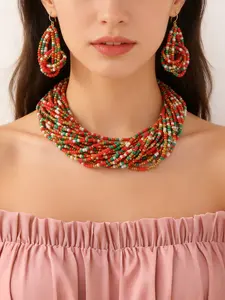 Boho Christmas Color Mix Vintage Multi-Layer Beaded Necklace Earrings Set, Women's Jewelry, Retro Style, Fashion Accessory, Fashionable Jewelry Set