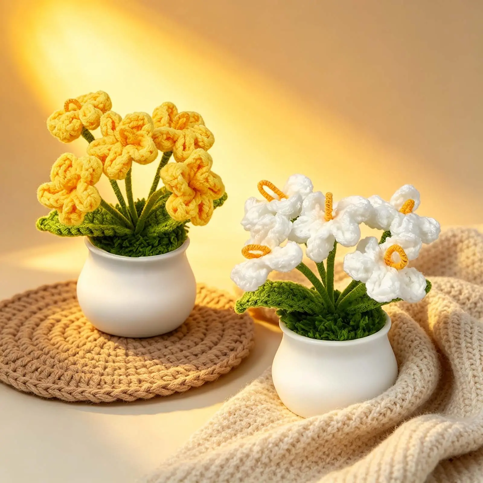 Crochet Flower Pot Thank You Gifts Handmade Mini Floral Foget Me Not Potted Knitted Plant Teacher Appreciation Gifts Artificial Bouquet Crochet Flower for Women Wedding Home Office Table Decor
