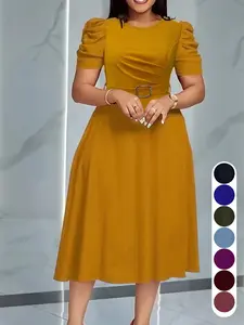 Summer Camel Bubble Sleeve Midi Dress, Slim-Fitting A-Line with Waist Belt, Elegant Chic Office Wear, Perfect for Church Weddings