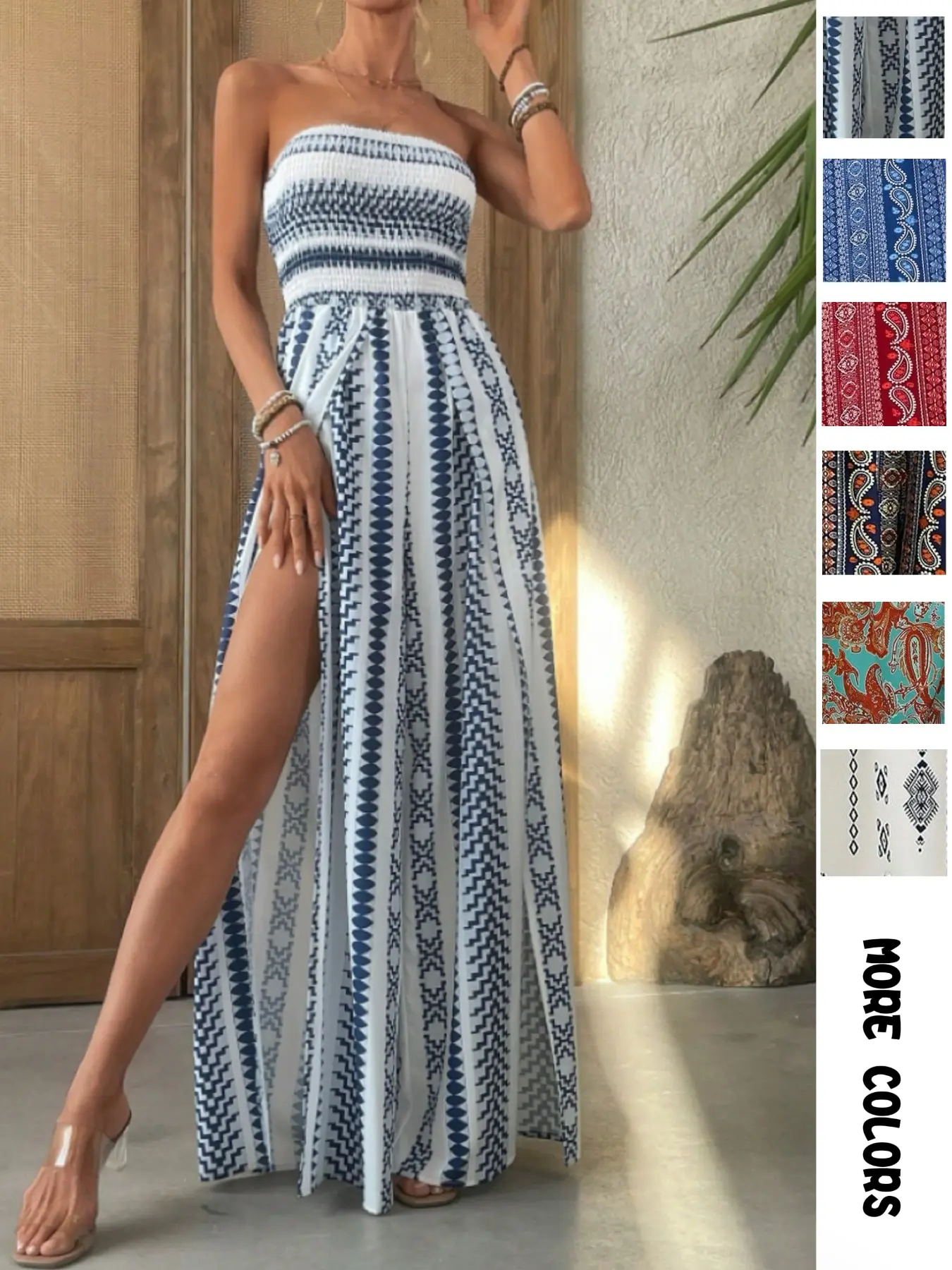 Spring Summer Boho Halter Romper, Beach Vacation Essential, High Waist Loose Fit, All over Print, Casual Style Spring Summer Boho Halter Romper, Beach Vacation Essential, High Waist Loose Fit, All over Print, Casual Style
