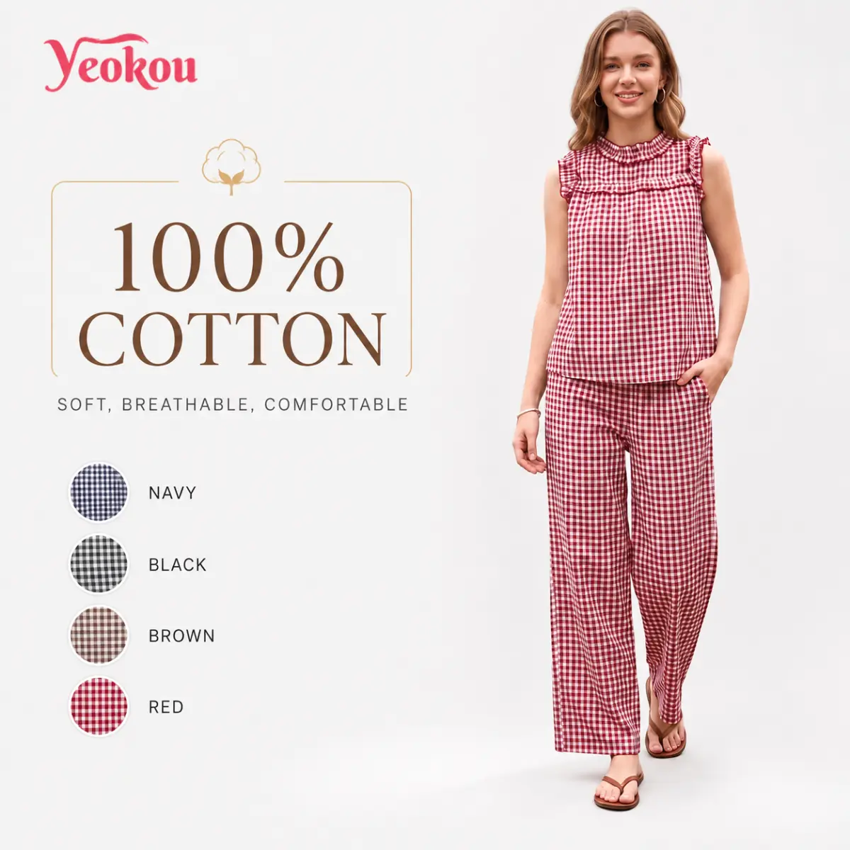 Yeokou Women's Gingham Plaid 2-Piece Outfit, Cute Scoop Neck Ruffle Top and Wide Leg Pants Set for Summer Beach Vacation, Cruises, Clothes, Women's Clothes, Basic, Sets For Women 2 Piece