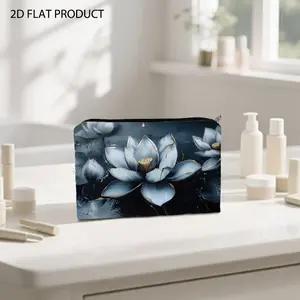 Double-sided Travel Cosmetic Bag with Artistic Gray Blue Lotus Print, Gold Accent Elegant Floral Design, Multiple Specifications Available, Portable Storage Pouch for Daily & Travel Makeup Organization