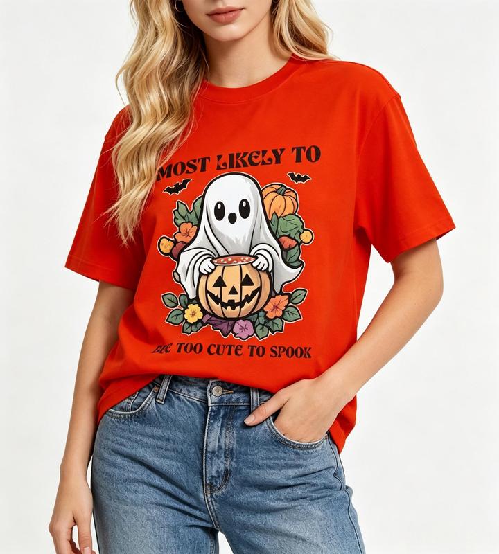 Women's Plus Size Cotton Crewneck Short Sleeve Oversized Graphic Tee - Lady's Streetwear Style Print Top, Cute Ghost Halloween Too Cute To Spook Fall Flattering Casual Shirt