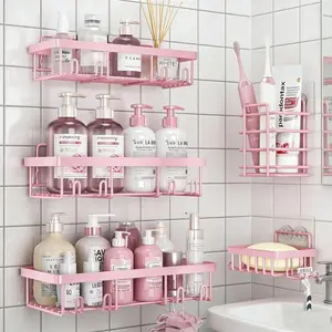 Large Capacity Shower Caddy 5-Pack No Drilling & Rustproof Adhesive Shower Shelves with Soap Holder Bathroom Organizers and Storage Wall-Mounted Kitchen & Home Decor Stainless Steel Pink