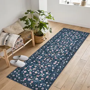 Garvee 2'x6' Washable Floral Runner Rug, Non-Slip Low Pile Carpet for Living Room, Office, Bedroom, Bedside, Entryway in Black