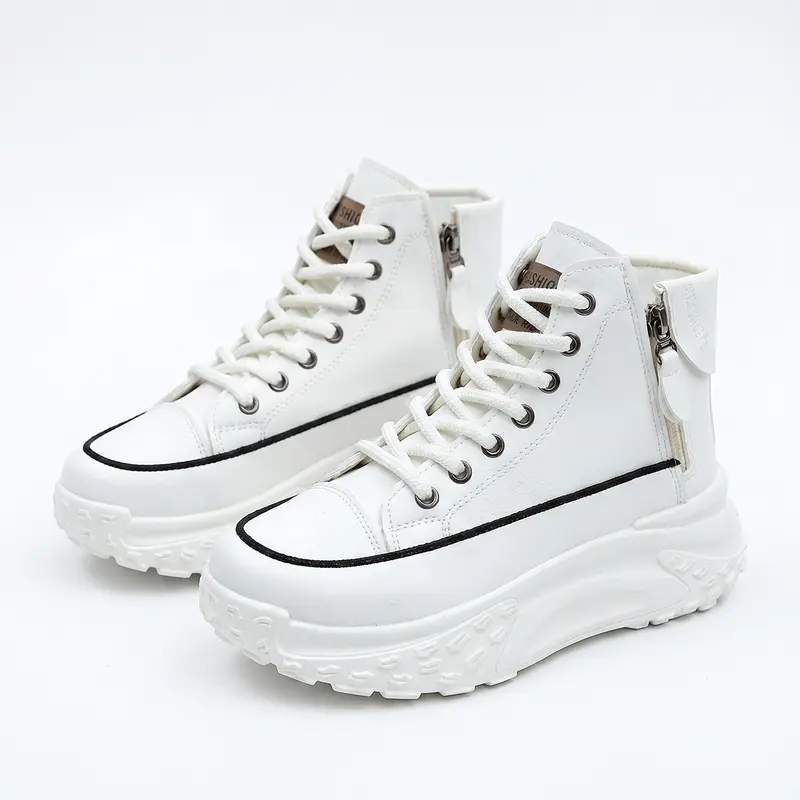 Women's Classic High-Top Height-Boost Walking Shoes - Closed Thick-Soled Lace-Up Footwear, EVA-Rubber Sole, Simple Round Toe, Arch Support, Solid Color, All-Season Lowrider & Flexible Casual Trainers with Comfortable Stable Design (Shoes for Women)
