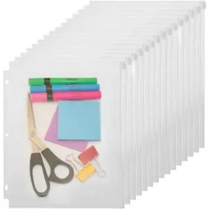 3 Holes Clear PVC Zipper Binder Pocket Insert Pages Letter Size 8 1/2" x 11" Loose Leaf Binder Filing Storage Bags 15 Per Pack
