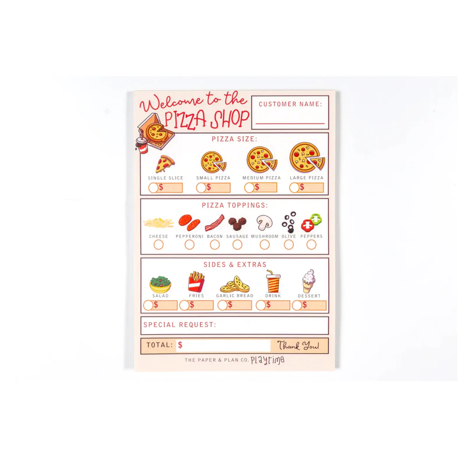 Pizza Shop Playtime Pads for Pretend Play 5"x7" Notepad with 50 Sheets for Kids' Imagination Made in the USA