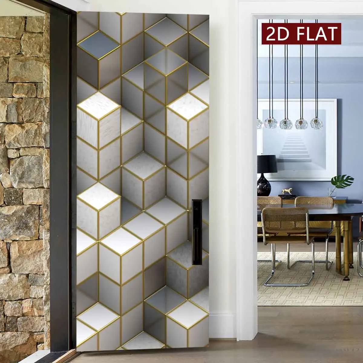 Geometric Pattern Door Sticker, 2 Counts Easy Apply Peel & Stick Door Poster, Waterproof & Scratch Resistant Decoration Painting for Home, Kitchen, Bathroom, Bedroom, Ornaments, Door Decorations, Decorative Sticker