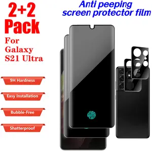 【 2+2 PCS 】 Privacy screen protector, suitable for Samsung Galaxy S21 Ultra smartphone, 2 screen protectors and 2 lens protectors，9H hardness，wear-resistant，support fingerprint unlocking，compatible phone case，installation Protection Protective Cellphone