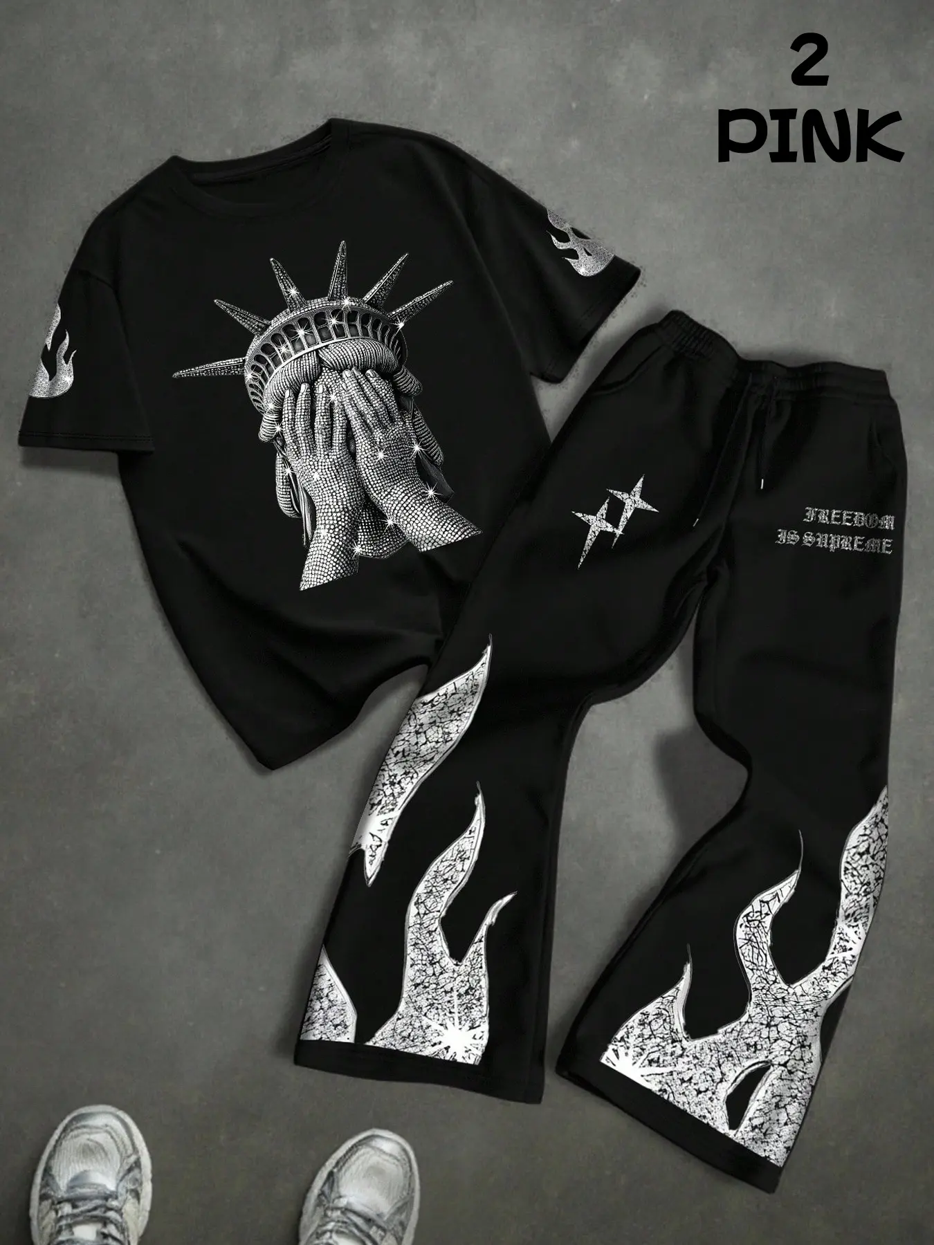 Men's Two-Piece Set, Short Sleeve Tee & Pants, Liberty Head Print, Silver Color Flame Star Design, Casual Fashion, All Seasons Wear