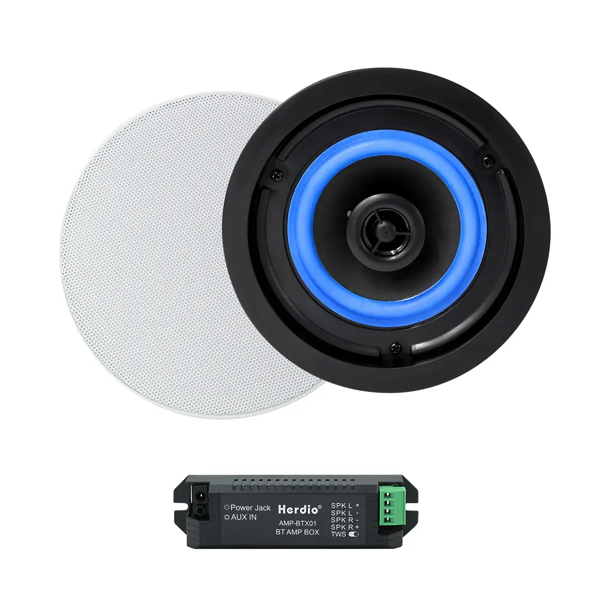 Herdio 4-In Compact 2-Way Stereo Ceiling Speakers (Pair Pack) with Wired Bluetooth Digital Mini Amplifier - Custom Wall Mount, Magnet-Enhanced Installation, Polypropylene Build, Smartphone Streaming, 5.7-In Mount Fit, Indoor Use for Devices, Magnets