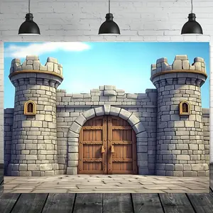 1PC Reusable 2D Flat Medieval Castle-Style Door Banner, Polyester Festival Decoration Curtain with Cartoon Stone Wall Tower & Wooden Door Design, Kids Birthday Party Backdrop Hanging Cloth