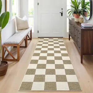 Garvee Checkered Runner Rug for Hallway 2x6 Modern Plaid Carpet Runner with Non-Slip Backing, Non-Shedding Thin Bedside Rug, Contemporary Indoor Floor Mats for Laundry, Kitchen, Beige Camel