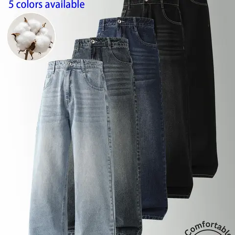 3 pack men’s jeans: men’s long pants, men’s jeans. Washed straight leg loose fit; available in multiple colors. Versatile—easy to match and not style specific. Suitable for everyday supermarket shopping, commuting to work/school, short trips, and travel.