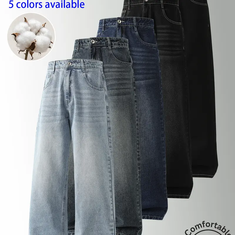 3 pack men’s jeans: men’s long pants, men’s jeans. Washed straight leg loose fit; available in multiple colors. Versatile—easy to match and not style specific. Suitable for everyday supermarket shopping, commuting to work/school, short trips, and travel.