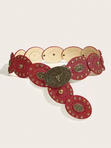 Women's Boho Vintage Western Style Wide Belt, Western Concho Belts, Copper Color Rivet Decoration, Oval Carving Buckle, Perfect for Dresses, Parties, Gifts