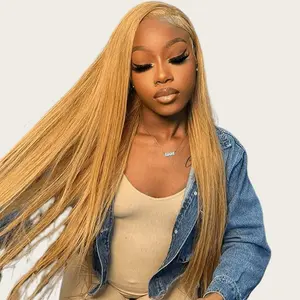 #27 Honey Blonde Colored Straight Lace Front Human Hair Wig  Pre Plucked Ginger Orange 13x6 HD Transparent Lace Frontal Wigs For Women