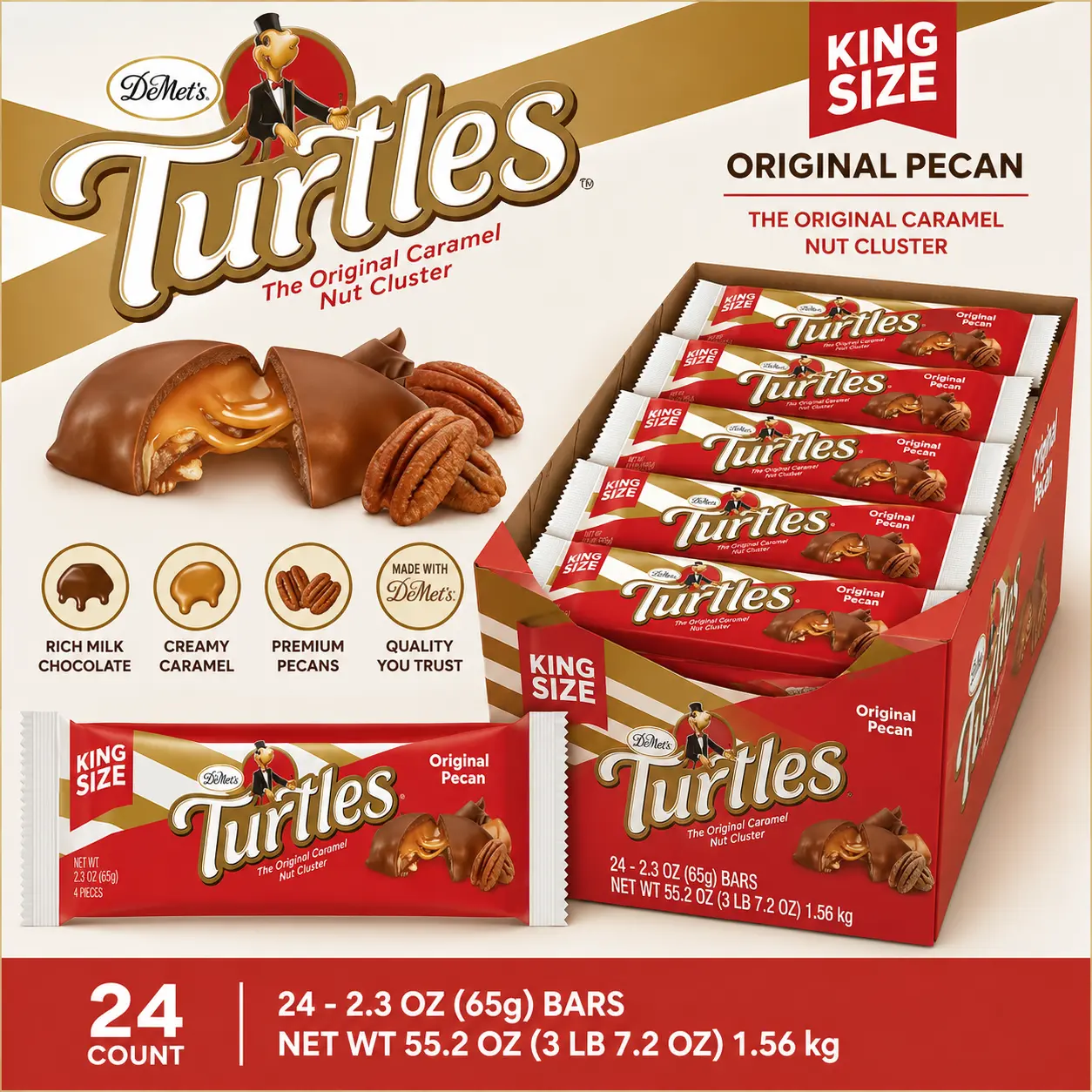 Demet Turtles Original Pecan Caramel Nut Cluster Chocolate Bar King Size 2.3 oz 24 Count