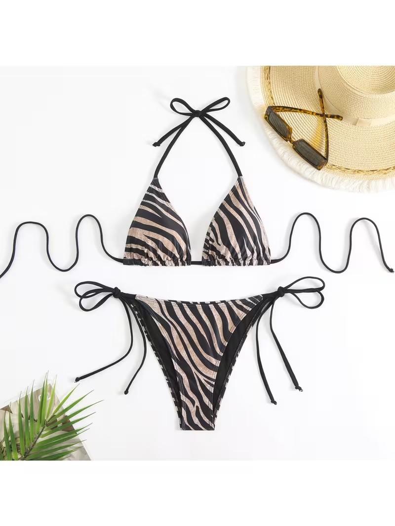 New Two-Piece Printed Bikini Set for Women with Straps and Split Design Geometric Pattern Mid Rise Lingerie Sets 100% Polyester - Fabric, Womenswear