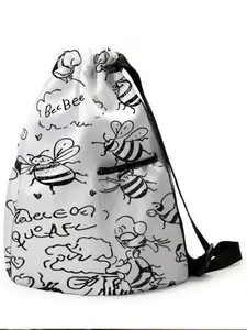 1 piece of bee pattern 2D printed drawstring backpack - large capacity durable fitness bag, with adjustable shoulder straps, suitable for both men and women, essential for travel, hiking, camping