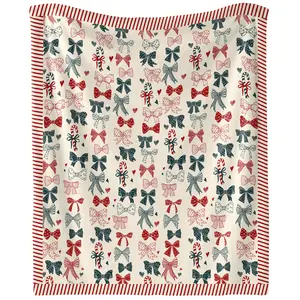 Christmas Bow Throw Blanket Red and Green Bow Candy Cane Holiday Flannel Blanket Coquette Soft Fuzzy Cozy Christmas Throw for Women Couch Sofa Bed Lounging Winter Gifts