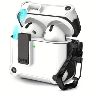 TPU Secure Lock Clip Case for AirPods 4 - Hard Shockproof Cover with Keychain Carabiner Protection Compact Shell Wireless Chargeable Port