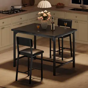 Garvee Dining Set for 2 with Footrest and Backrest, Height-Adjustable Table, Upholstered Chairs, Corner Protector, Ideal for Small Spaces, Black Color