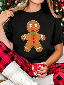 100% Cotton Women T-shirt  Women Christmas T-shirt Gingerbread Man Christmas Cookie Costume Baking Team T-Shirt Print Round Neck Short Sleeve T-Shirt For Women Casual, Summer, Women Top Graphic Tees Women Tops