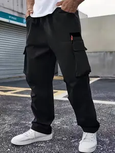 Men's Loose Fit Work Pants with Drawstring and Zipper Pockets, Street Style Multi-Pocket Design, All Seasons Comfort, Casual Streetwear Trousers