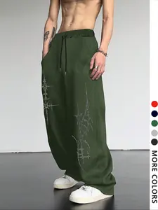 Men's Casual Sporty Athleisure Style Long Pants, Cross Pattern Print Sweatpants, Drawstring Wide Leg Loose Fit, All Season Men's Clothing, Athleisure Style Bottoms