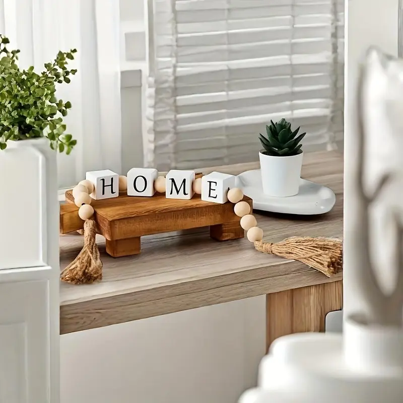 Wooden Home Sign with Tassel, Boho Style Wooden Bead Garland with Tassel, Home Decor Accessories for Living Room Bedroom Coffee Table Shelf Display, Home Office Decor, Welcome Home Decorations, Home Decor Products, Home Decor Gifts