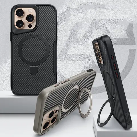 Magnetic Bracket Phone Case Casing, 1 Count Carbon Fiber Pattern Phone Protective Cover Shockproof, Smartphone Cellphone Accessories Compatible with iPhone 16 15 14 13 12