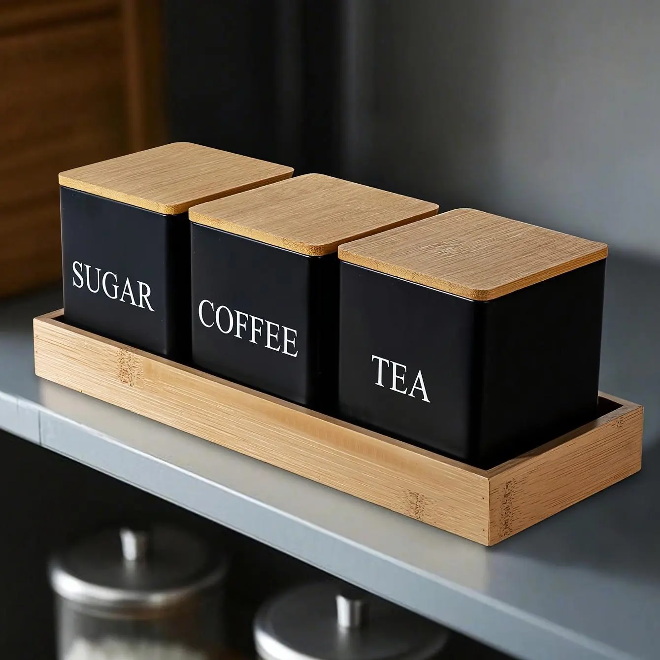 3-piece storage jar set, metal containers for coffee beans, sugar, and tea, kitchen organization essentials, Coffee Station Organizer, daily use organizing supplies, Airtight, Coffee Storage Canisters