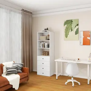 Modular Wooden Closet Organizer System with 3 Shelves 4 Drawers Wall Mount Modern Shelving for Walk in Closet Bedroom Organization Built in Clothes Storage White