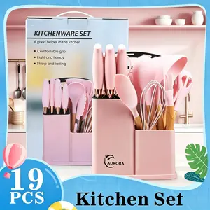 【Best  Day Gifts】XBJ 19PC Pink Silicone Kitchen Utensils & Wooden-Handled Pasta-Friendly Set - Durable Nonstick Spatula, Ladle, Pots, Pans, Hanging Holes, Ideal Women's Day Gift