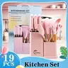 19-Piece High Carbon Stainless Steel Sharp Blade Kitchen Utensils Bundle Set with Plastic Rack, Whisk, Black Cookware, Pasta Tools, Hanging Holes, Solid Wooden Handles, Silicone Nonstick Spatulas & Turners, Durable Kitchenware, Easy-to-Clean Gift Set