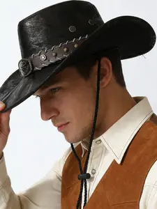 American Style Wide Brim Leather Western Cowboy Hat, Vintage Distressed Look, Bull Head Rivet Decorative Strap, Outdoor Riding Music Festival Unisex Cap