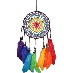 Dream Catcher Wall Decor Kit with Feathers and Beads Pendant, Handwoven for Bedroom Living Room Decoration (Rainbow)