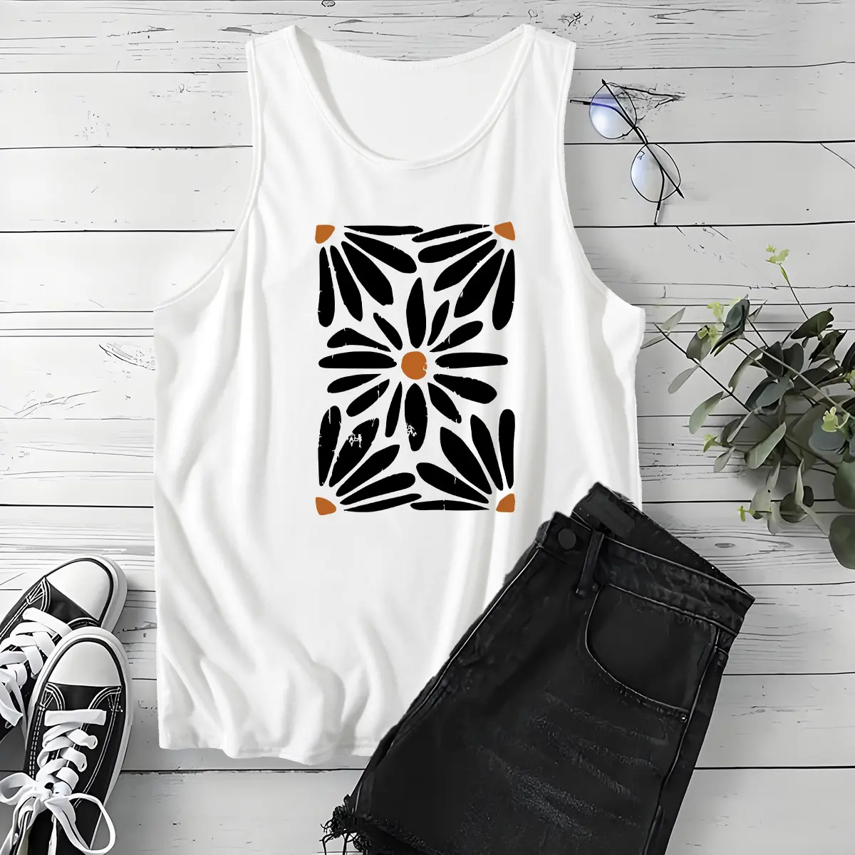 Holafish Summer Tank Top for Women Casual Sleeveless vintage chrysanthemum Print Crew Neck Loose Fit Comfortable Breathable Tank Top for Summer Wear summervibes