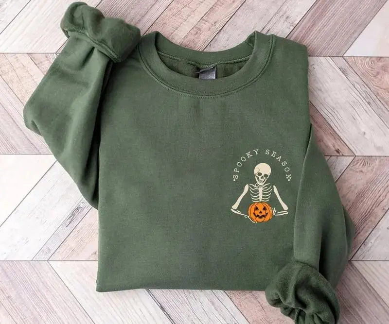Spooky Season Sweatshirt, Minimal Skeleton Pocket Crewneck, Halloween Graphic Sweatshirt, Cozy Fall Spooky Apparel, Cute Autumn Outfit, Halloween Gift for Women & Men