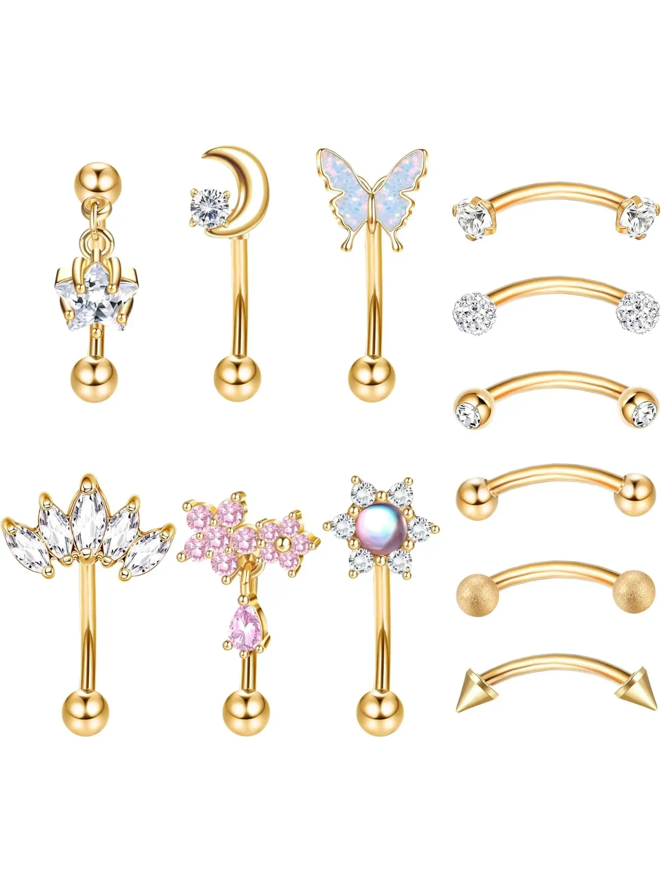 12 Pcs Rook Piercing Body Jewelry Set, Stainless Steel Curved Barbell and Cz Rhinestone Earrings, Versatile Dangle Lip Daith Cartilage Helix Piercing Rings, Nose Piercing Jewelry, Body Jewellery