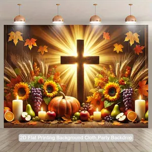 2D Flat, 1pc Thanksgiving Backdrop - Autumn Harvest Party Decorations with Golden Cross, Sunflowers, Pumpkins, Grapes - Warm Brown/Orange/Golden/Black Fall Colors - Lightweight Polyester Banner for Photo Booth, Church, Home - No Electricity Needed, Easy