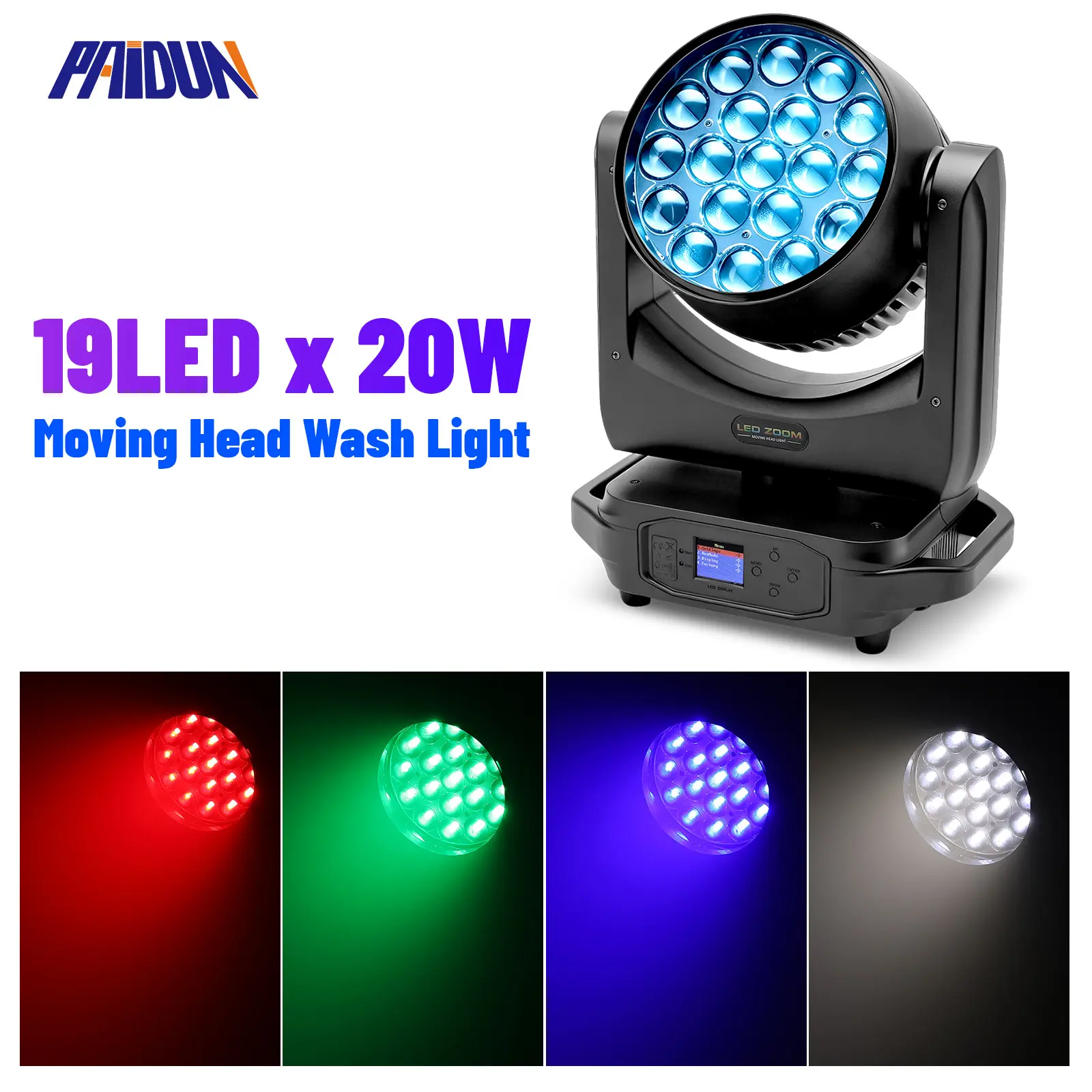 PAIDUN 19x20W LED Zoom Moving Head Wash Light RGBW DMX Strobe Sound Activated Stage Lighting