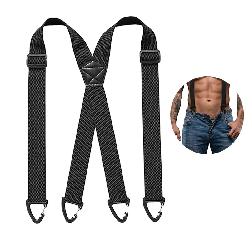 Unisex Black Leather Suspenders - 1.5 in Elastic X-Back Straps, Heavy-Duty Adjustable Custom Fit, Shoulder Support, Hidden Under Clothing, Even Weight Distribution, Outdoors Work & Workshop Accessory