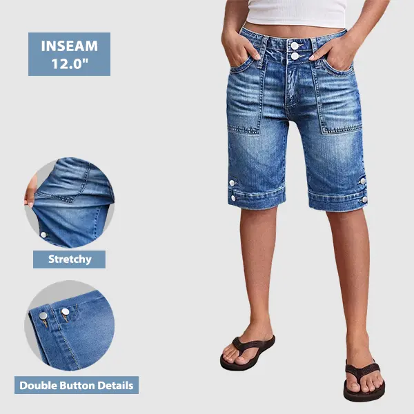 Flamingals Wash Dual Button Mid Waist Straight Leg Denim Bermuda Shorts Stretchy 12.0'' Inseam