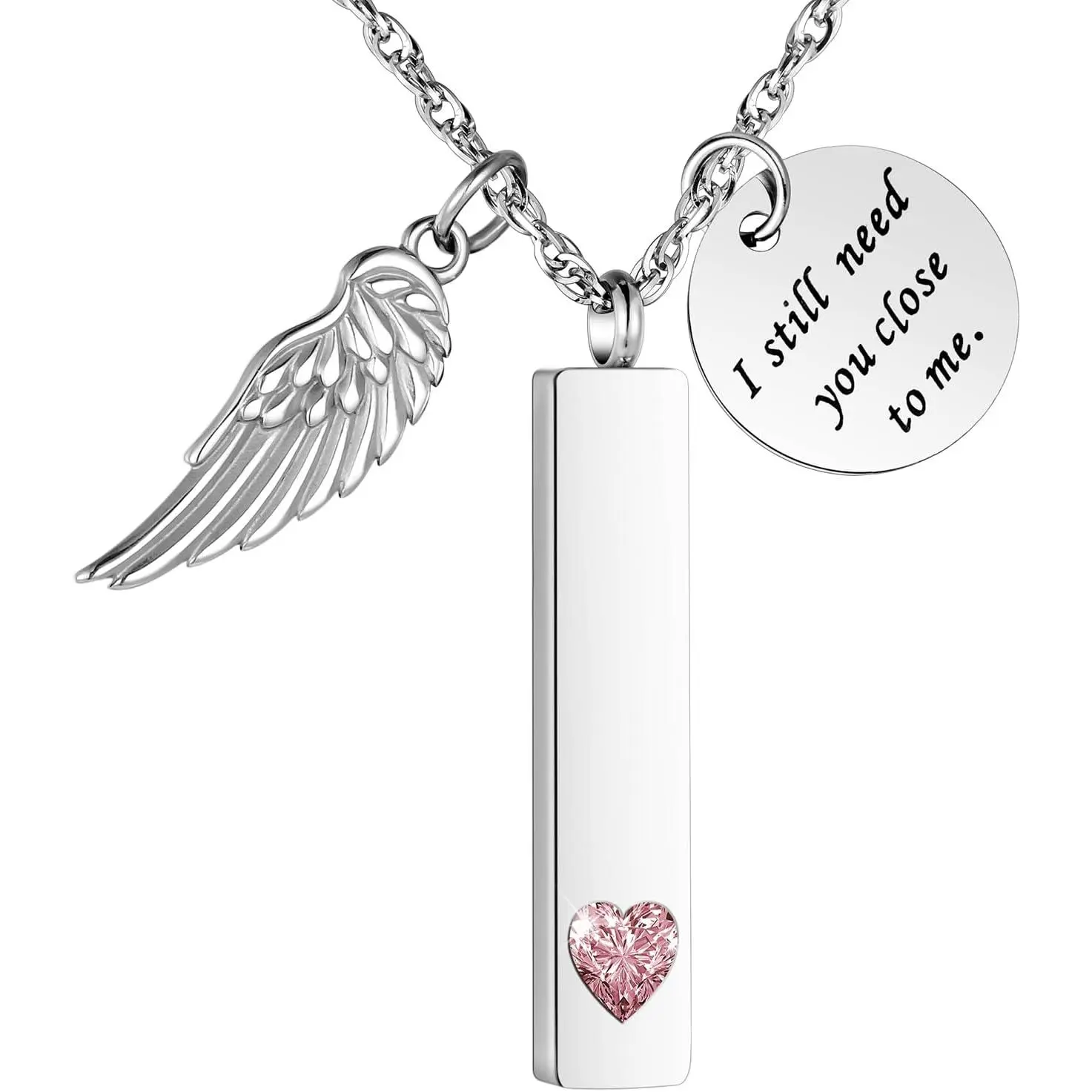Cremation Jewelry for Ashes with Angel Wing Charm Vertical Bar Urn Necklace Stainless Steel Memorial Keepsake Pendant for Women