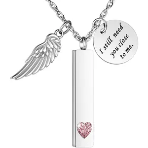 Cremation Jewelry for Ashes with Angel Wing Charm Vertical Bar Urn Necklace Stainless Steel Memorial Keepsake Pendant for Women